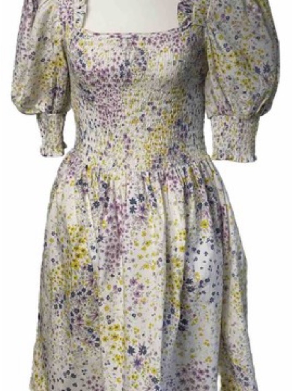 1. State White Smocked Midi Dress with Yellow & Purple Floral Print